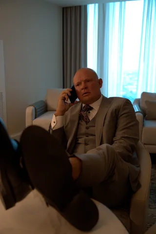 Shawn in a grey suit talks on the phone while seated in a hotel room.