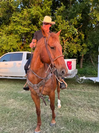 Shawn sits on a horse outdoors near a truck.